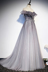 Gray Scoop Neckline Tulle Long Formal Dress, A-Line Evening Graduation Dress